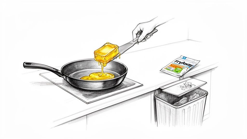 Hand melting a block of butter into a frying pan on a stovetop, with a FryAway package nearby.
