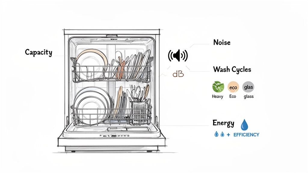 A detailed sketch of an open dishwasher illustrating its key features: capacity, noise level in dB, wash cycles (Heavy, Eco, Glass), and energy efficiency.