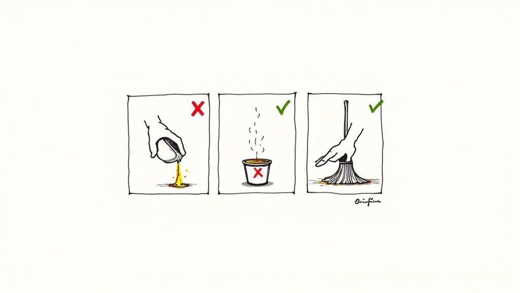 Illustrations showing wrong ways to dispose of oil and the right way to clean up spills.