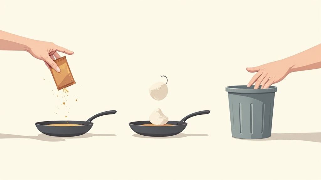 Hands pouring spices into a pan, adding ingredients to another, and discarding waste in a trash can.