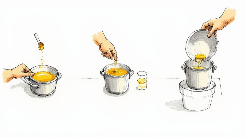 Illustration showing three steps of handling melted liquid, like oil or ghee, to avoid spills.