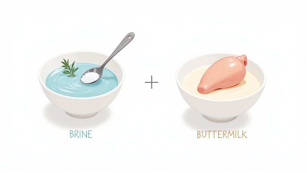 Two bowls: one with brine, salt, and rosemary; another with buttermilk and raw chicken breast.