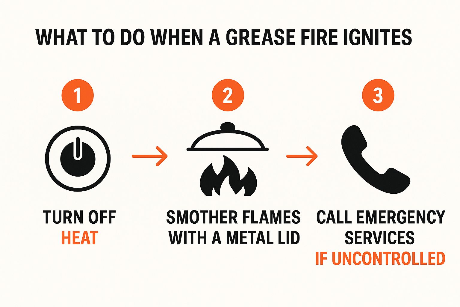 Infographic showing the three key steps to reacting to a grease fire: turn off heat, smother flames, and call for help if needed.