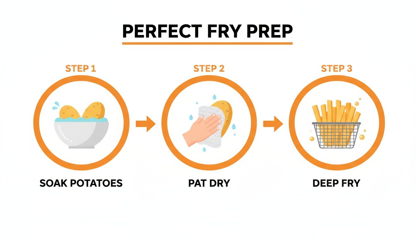 Infographic showing three steps for perfect french fry prep: soak potatoes, pat dry, then deep fry.