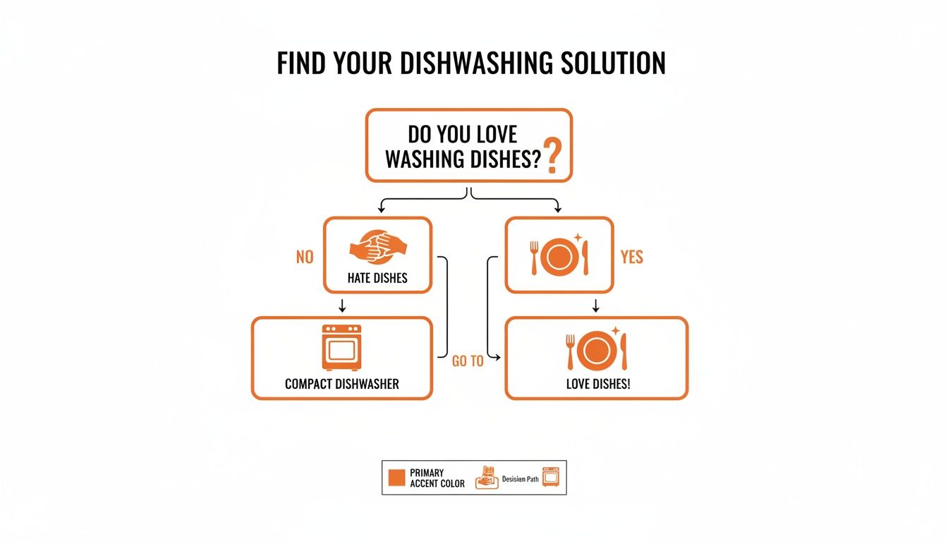 Flowchart illustrating dishwashing solutions based on whether one loves or hates washing dishes.
