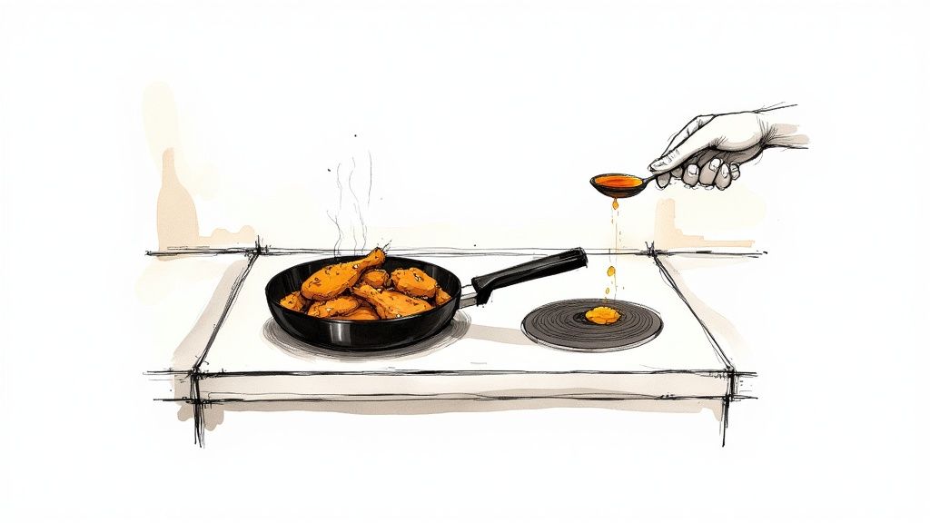 Crispy fried chicken and golden french fries arranged on a platter.