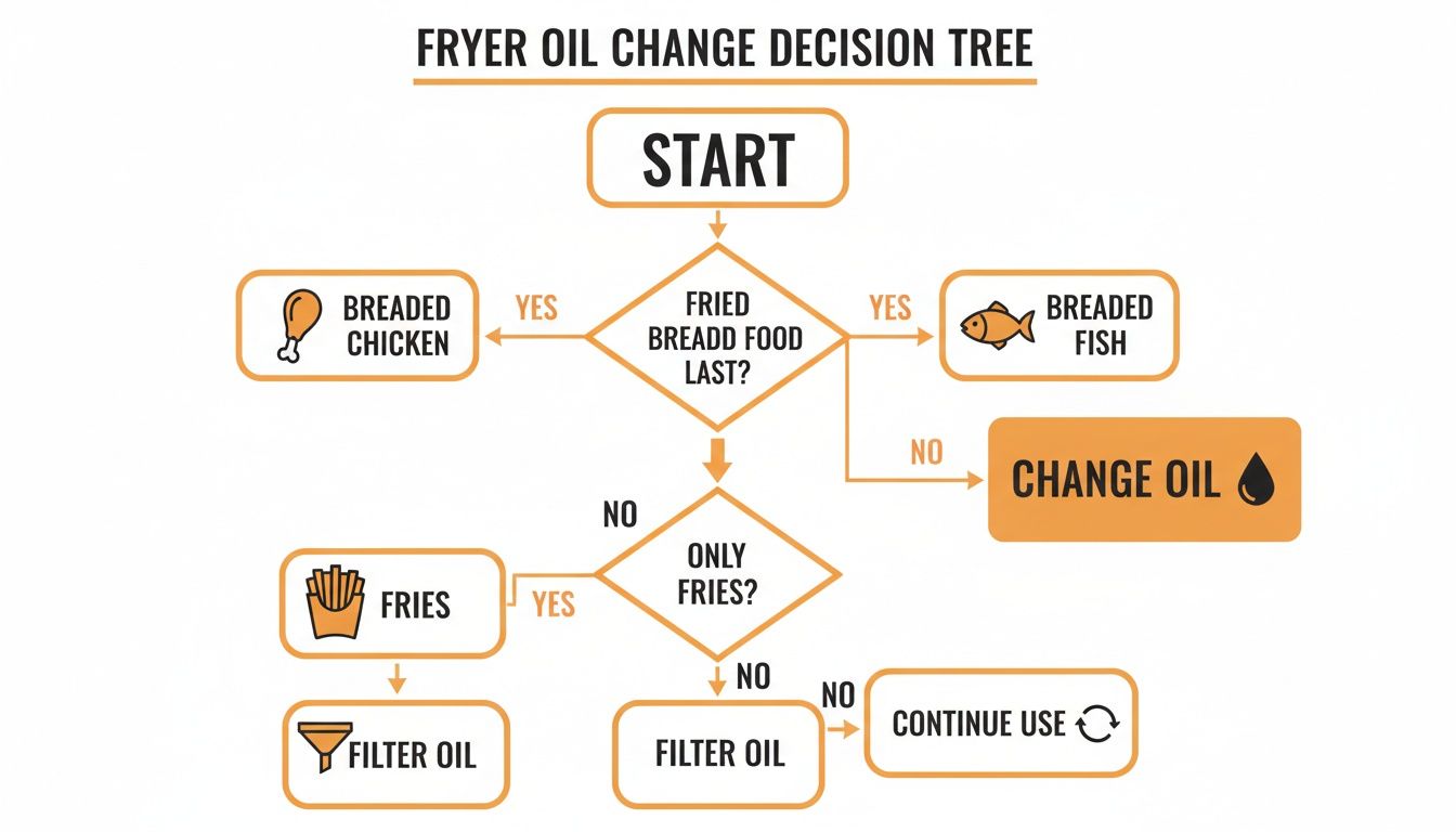A decision tree flowchart illustrating when to change or filter fryer oil based on food type.