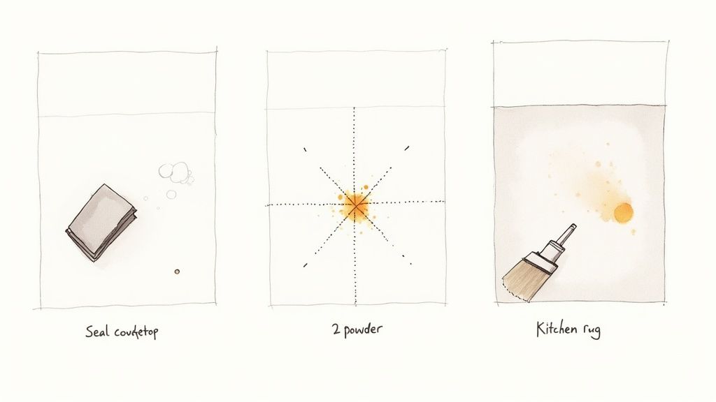 A hand tossing a solidified puck of used cooking oil into a trash can using FryAway.