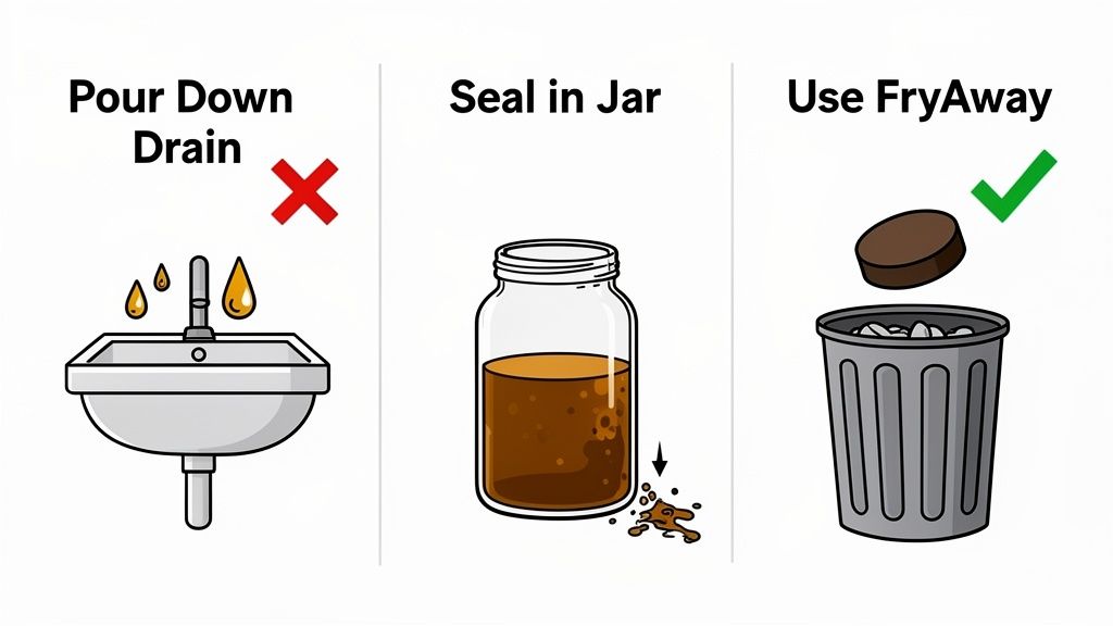 Illustration demonstrating proper cooking oil disposal: avoid drains and messy jars, use FryAway to solidify for trash.