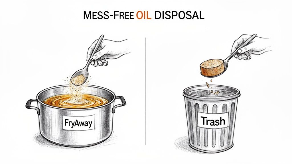 Illustration showing a two-step process for mess-free oil disposal: adding powder to hot oil and scooping solidified oil into trash.