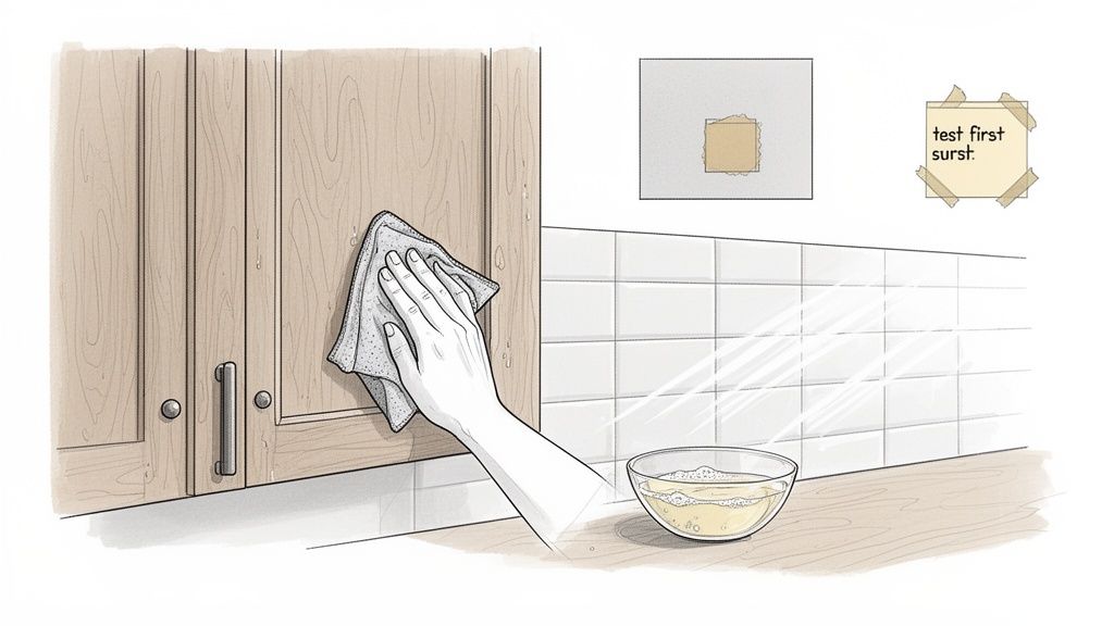 A hand cleans wooden kitchen cabinets with a cloth and a bowl of soapy water, with a 'test first' note.