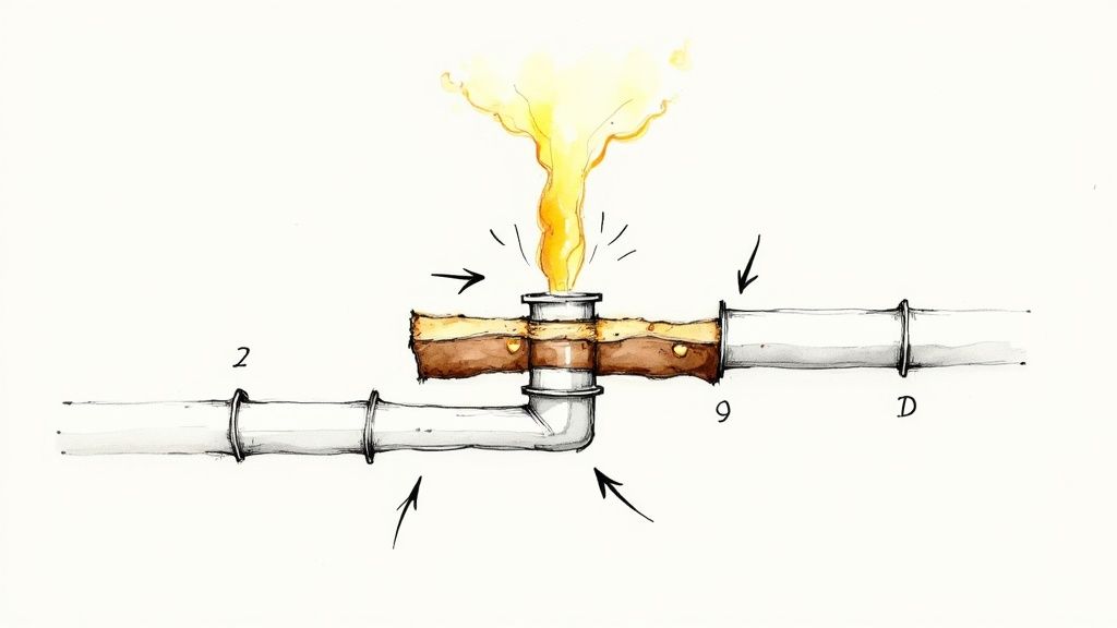 A diagram illustrating pipes with solidified grease blocking a T-joint, causing an eruption.