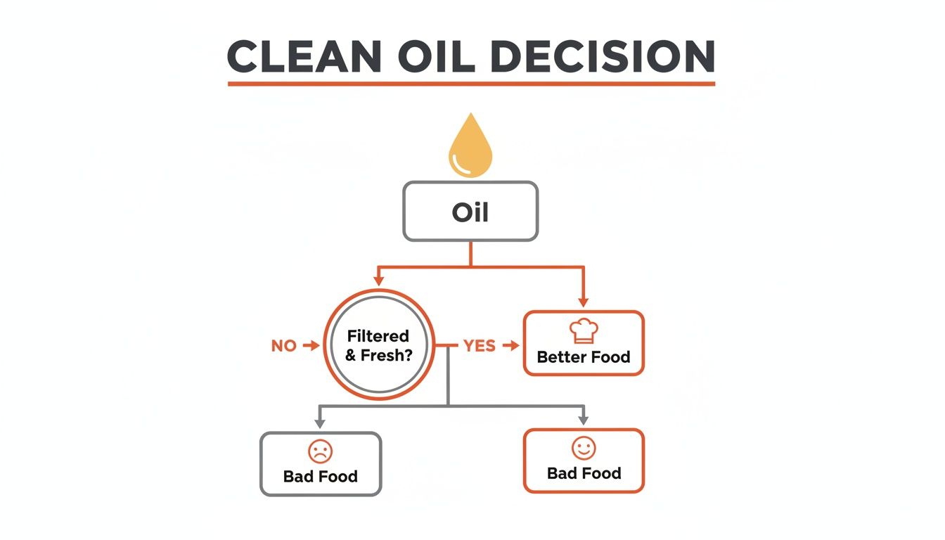 Decision flowchart illustrating the impact of filtered and fresh oil on food quality.