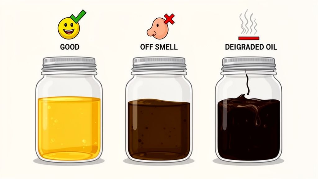 Visual guide showing the quality of frying oil: good, off smell, and degraded states.