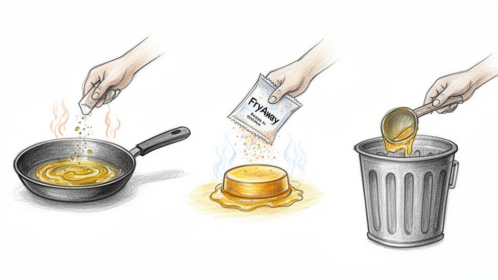 A three-step illustration showing how to solidify and dispose of used cooking oil.