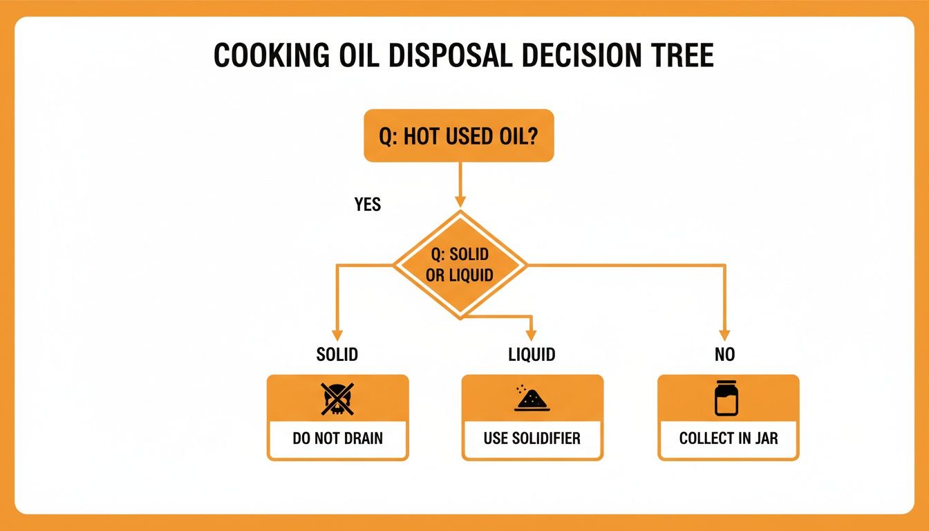 Decision tree flowchart showing how to dispose of hot used cooking oil based on its state.