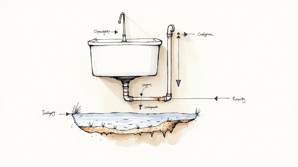 A clogged kitchen sink with dirty dishes and a faucet running.