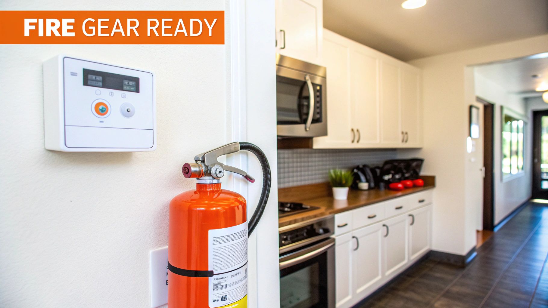 A modern Class K fire extinguisher mounted on a clean kitchen wall next to a countertop.