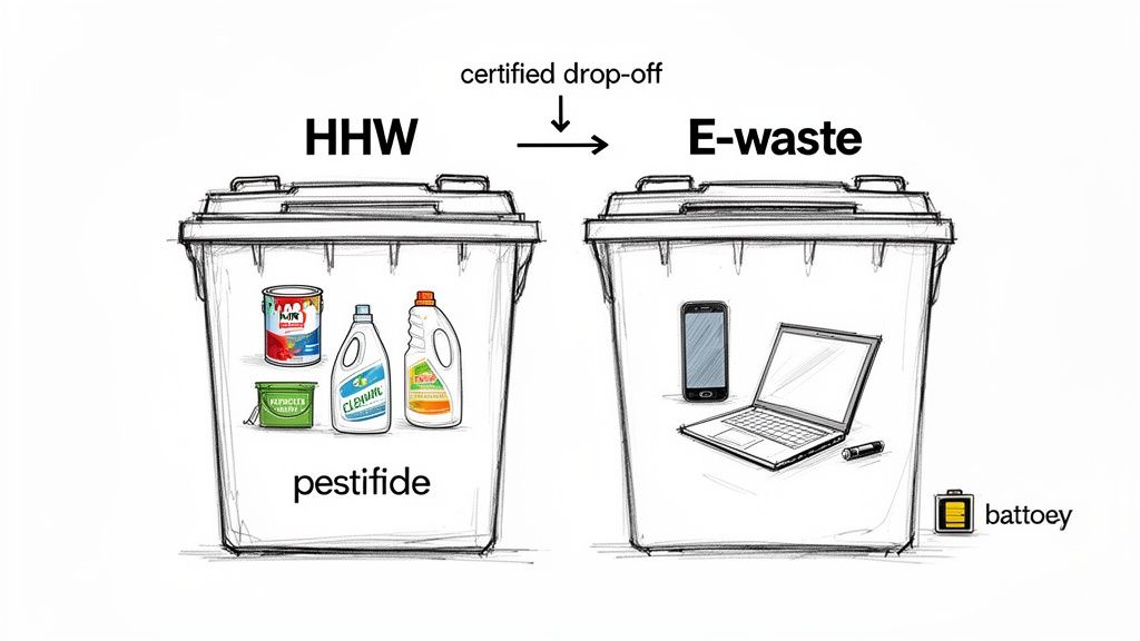Illustration showing two waste bins: one for Household Hazardous Waste (HHW) and another for E-waste, for certified drop-off.
