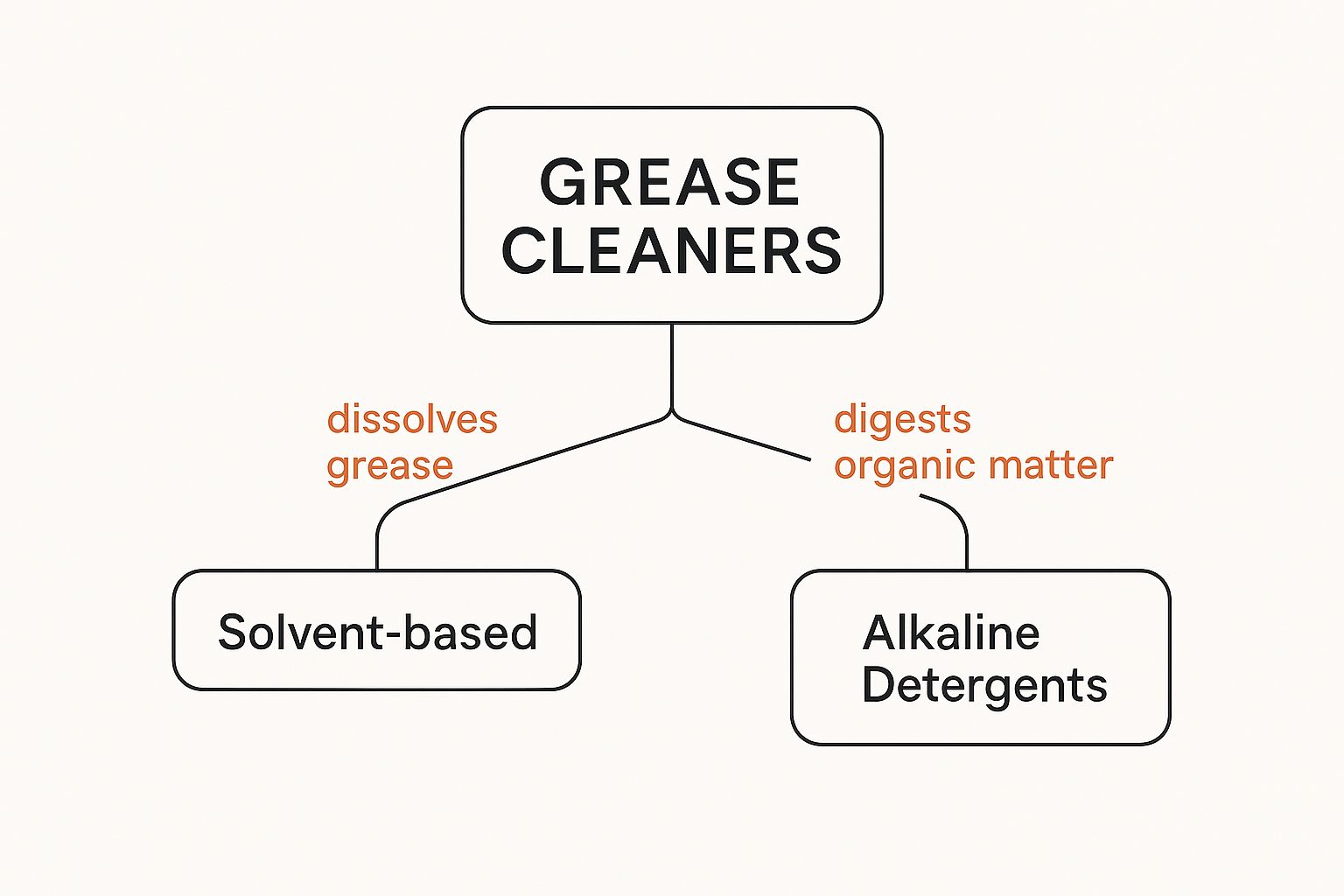 Infographic showing Grease Cleaners connected to three nodes Solvent-based dissolves grease, Alkaline Detergents saponification, and Enzymatic Cleaners digests organic matter.