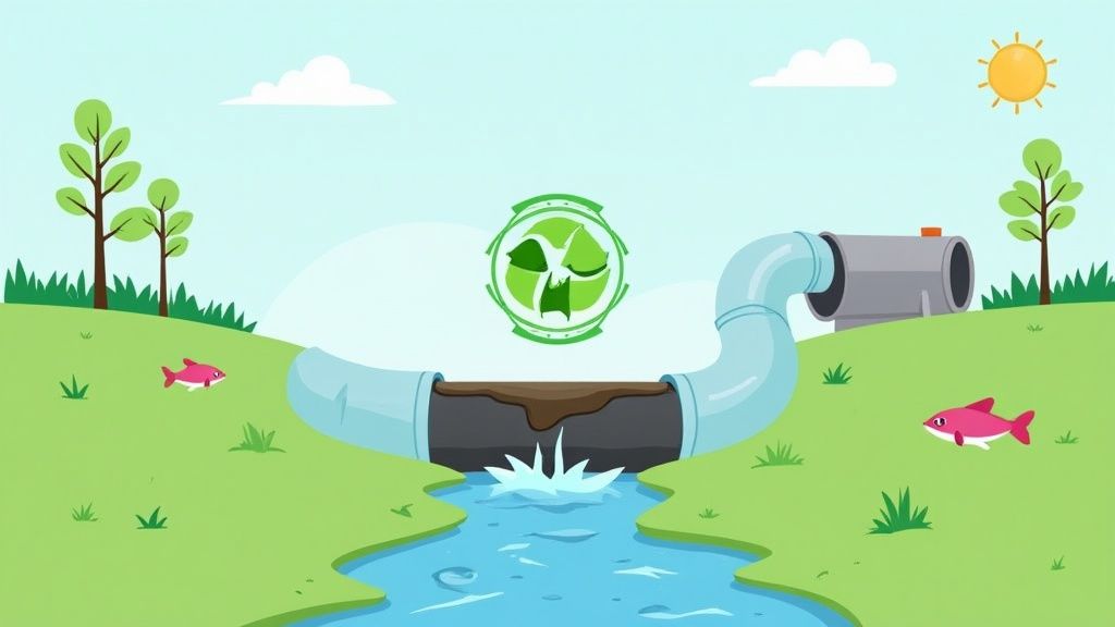 Cartoon illustration of a broken pipe leaking dirty water into a river in a green landscape with a recycling symbol.