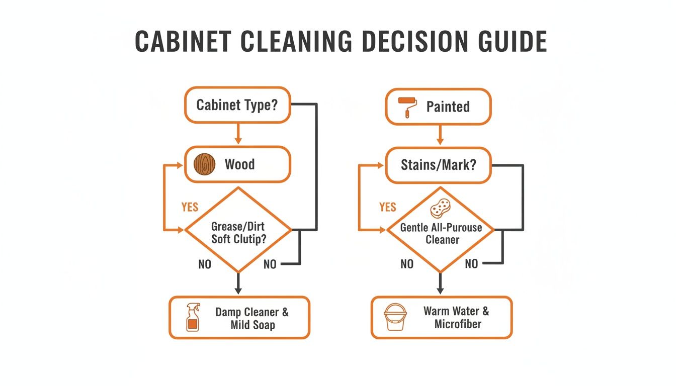 A decision guide flowchart for cleaning cabinets, distinguishing between wood and painted surfaces and appropriate cleaners.