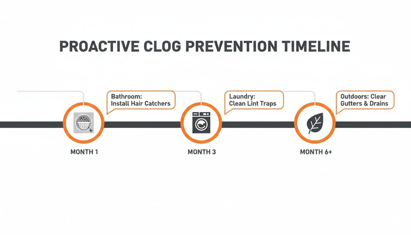 A timeline showing proactive clog prevention steps: installing hair catchers, cleaning lint traps, and clearing gutters.