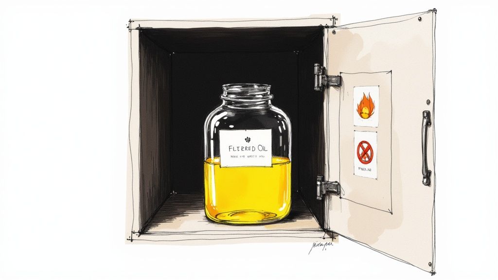 Jars of used cooking oil stored in a dark cabinet.