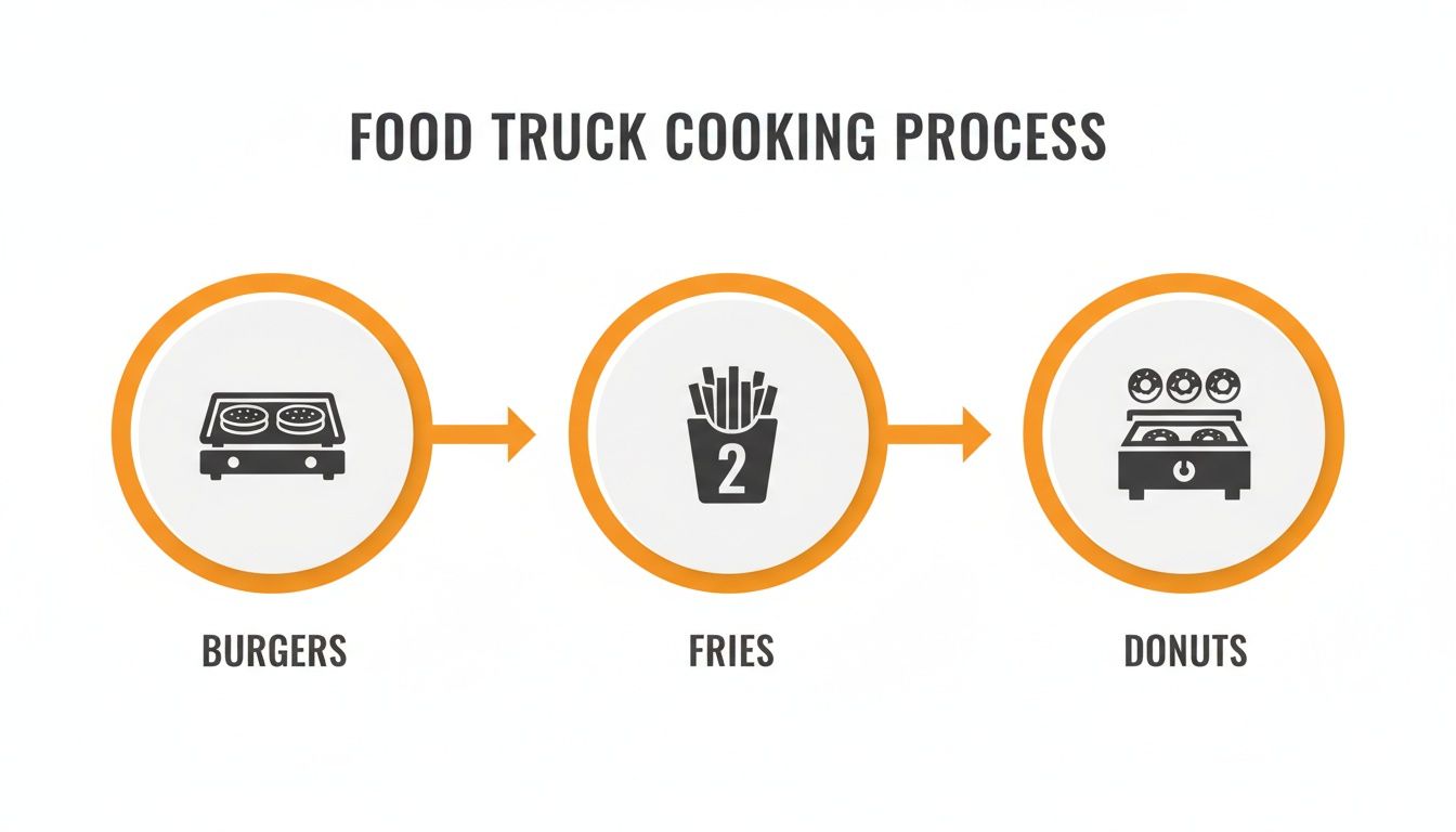 Infographic illustrating a food truck cooking process, showing steps for burgers, fries, and donuts.