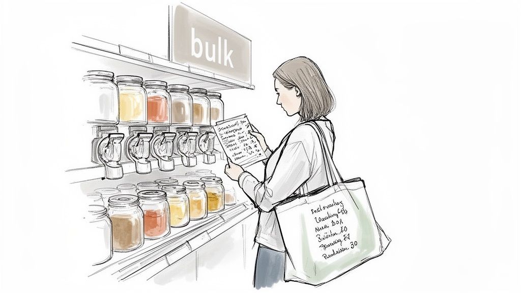 A woman shops for bulk groceries, holding a list and reusable bag in a zero-waste store.