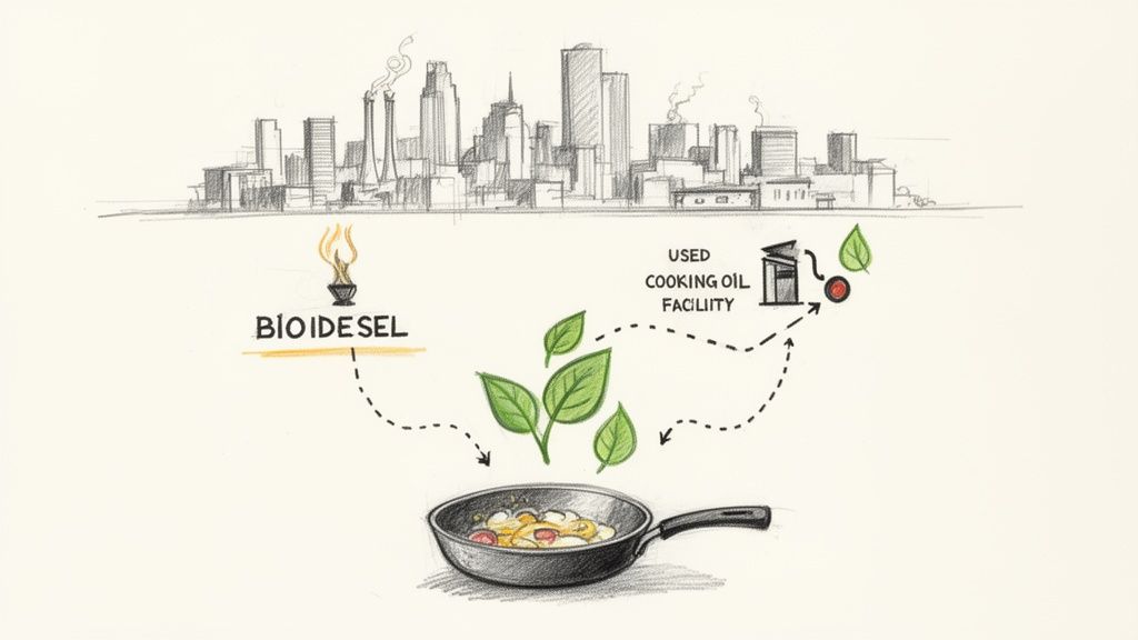 Illustration showing the conversion of used cooking oil to biodiesel for sustainable urban energy.