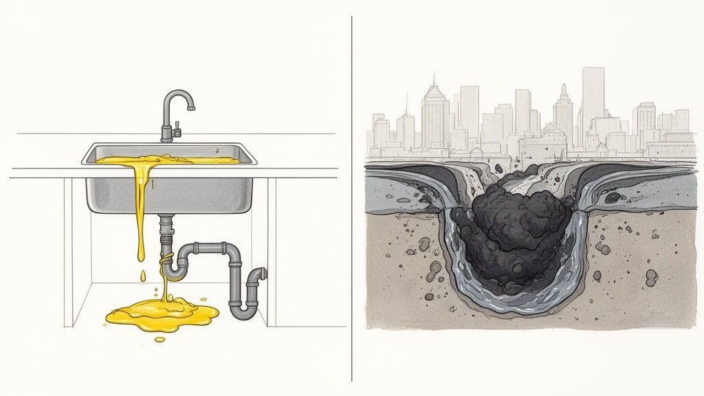 Illustration showing improper oil disposal leading to a leaking kitchen sink and a city sewer fatberg.