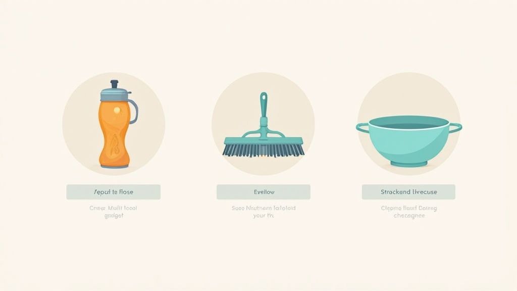 Three household items: an orange sports bottle, a teal scrubbing brush, and a blue mixing bowl.