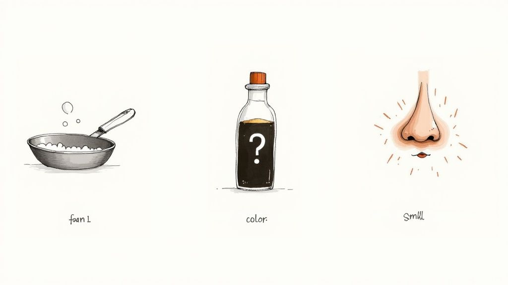 Three panels illustrating foam in a pan, dark liquid in a bottle, and a human nose for smell.