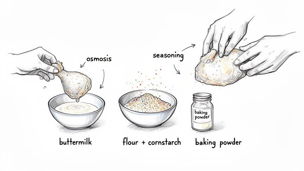 Illustration showing steps for making fried chicken: marinating in buttermilk, preparing seasoned flour, and coating.