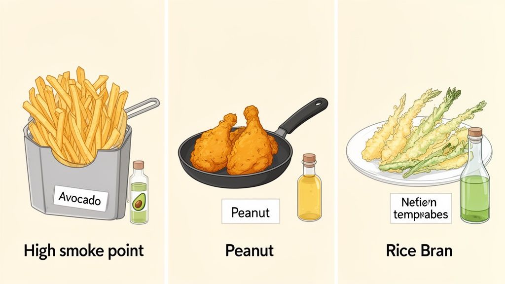 Various deep-fried foods like fries, chicken, and tempura, paired with avocado, peanut, and rice bran oils.