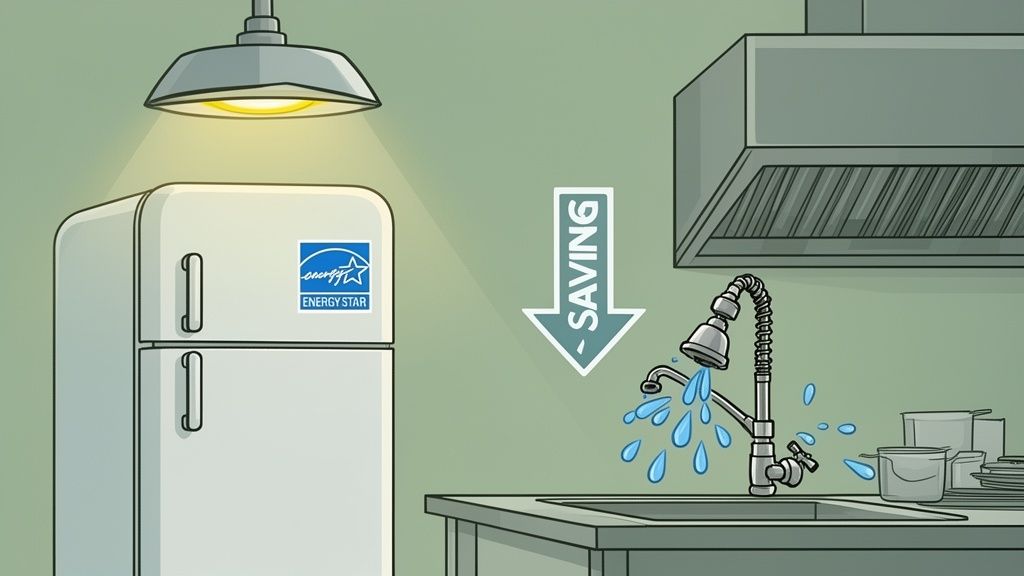 Illustration of a kitchen with an Energy Star refrigerator and running water, symbolizing savings.