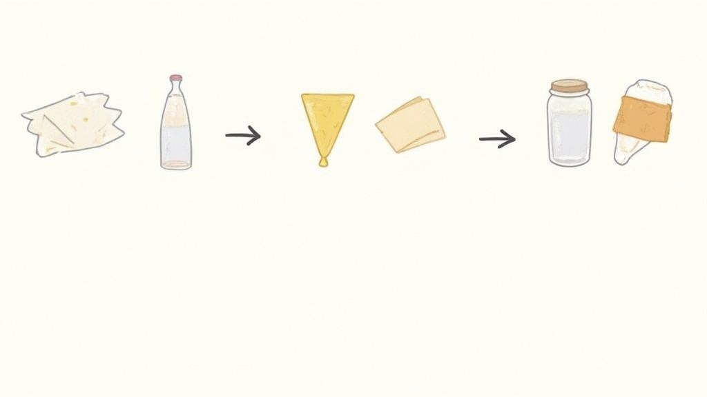 Illustration depicting a sequence of light-toned food items and their transformation into a wrapped cone.