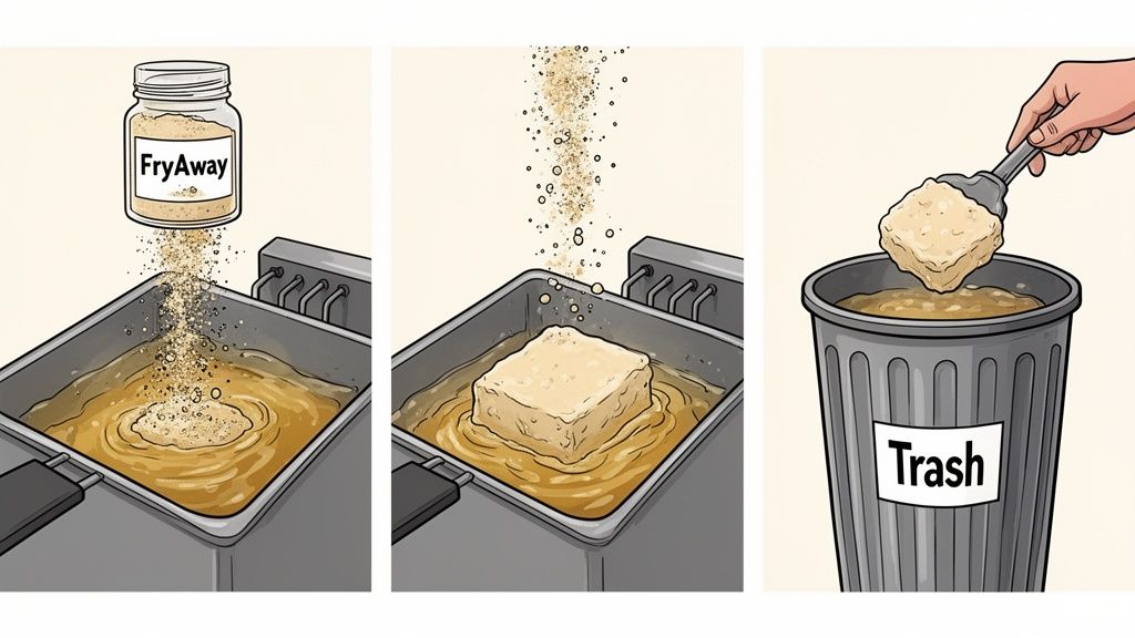 Sequential panels show 'FryAway' powder solidifying used cooking oil for easy disposal into a trash can.