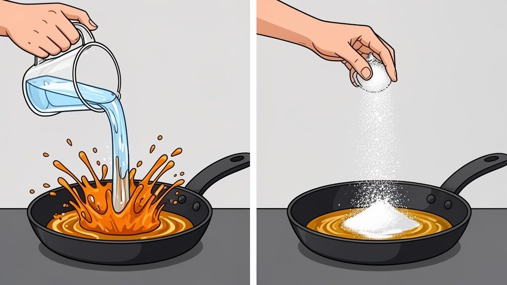 Two images illustrating how not to extinguish a grease fire, and a safer method. Water on splattering oil, then powder on oil.