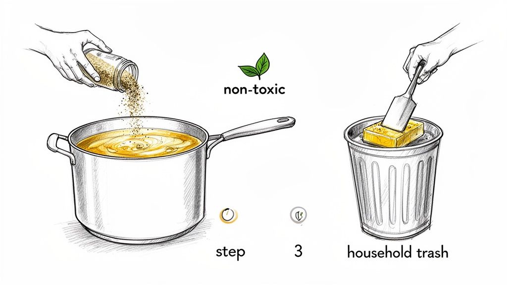 Illustration shows non-toxic cooking oil disposal: adding powder to liquid oil, then discarding the solidified block into household trash.