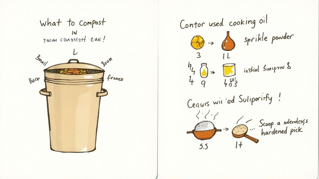 A hand-drawn illustration showing a compost bin with items and instructions for repurposing used cooking oil and rice.