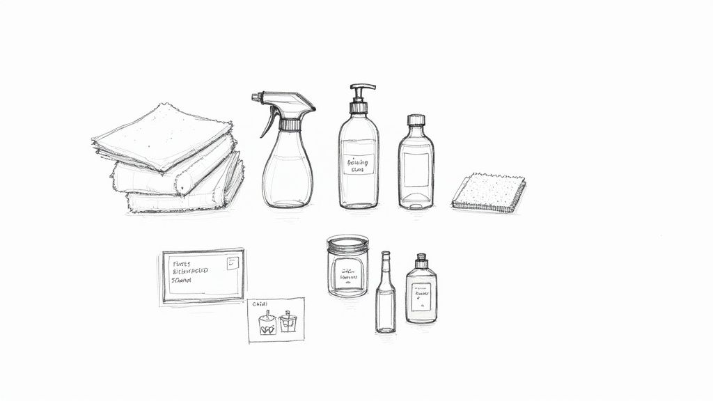 Kitchen cleaning supplies including spray bottle, soap dispensers, cloths, sponge, and natural cleaning solutions