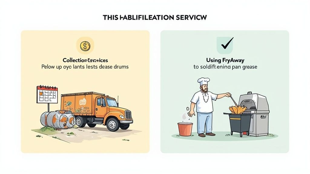 An illustration of two panels: one shows a truck collecting industrial drums, the other a chef solidifying pan grease.