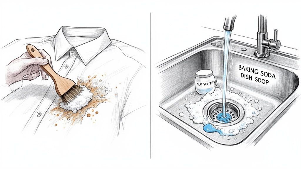 A split image shows cleaning methods: applying powder to a shirt stain and mixing baking soda, dish soap, and hot water in a sink.