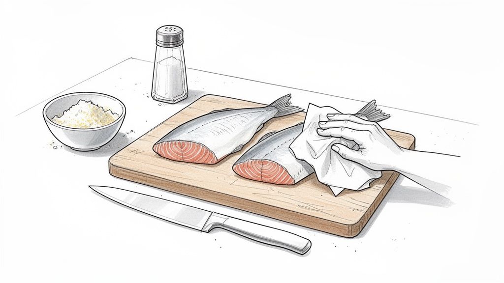 A hand drying two fish fillets on a cutting board with seasoning, a salt shaker, and a knife.