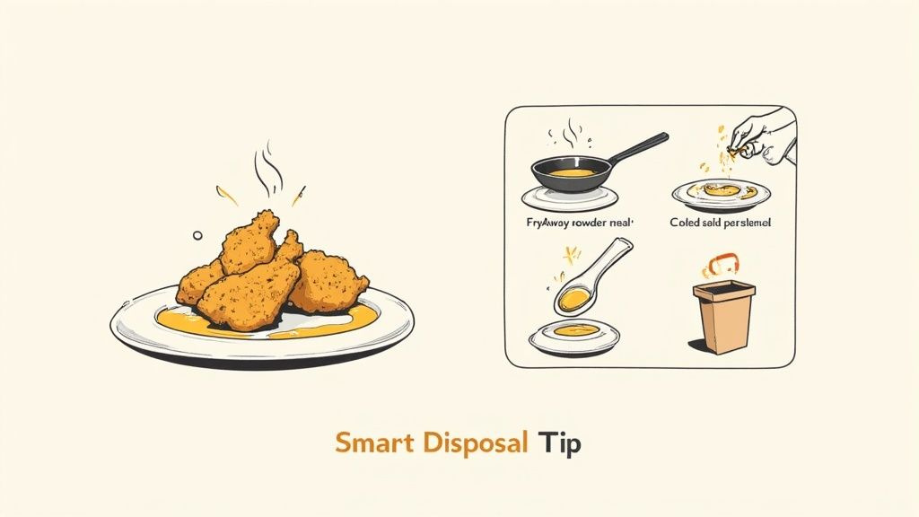 Illustration showing fried chicken on a plate and a four-step diagram for smart cooking oil disposal.