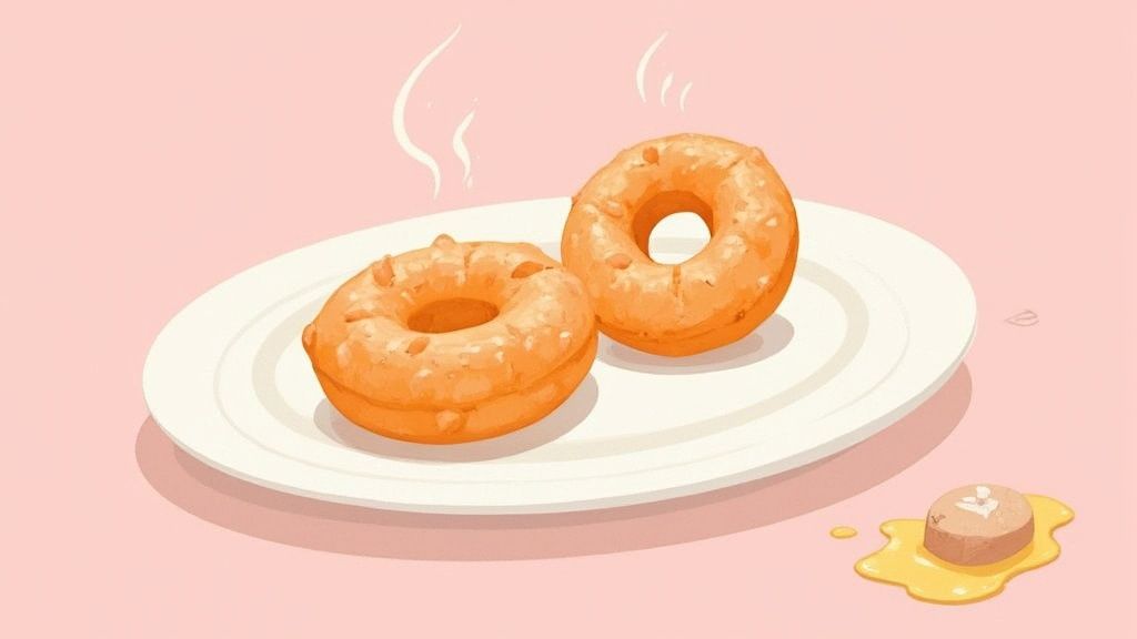 Two warm, glazed donuts with steam rising, served on a white plate with melting butter.