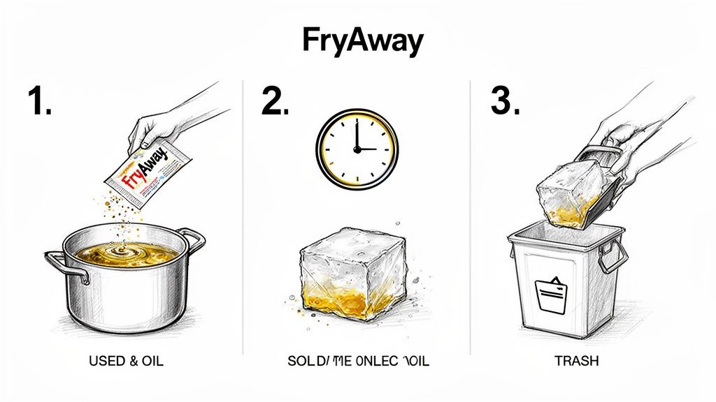 Step-by-step instructions for solidifying and disposing of used cooking oil with FryAway powder.