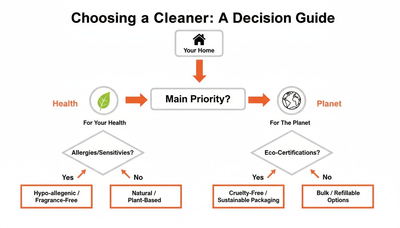 A decision guide flowchart for choosing a cleaner based on health or planet priorities.